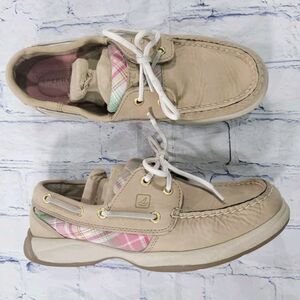 Sperry WOMENS SIZE 7 M Top Sider Boat Shoes Tan Leather Pink Sequin Plaid